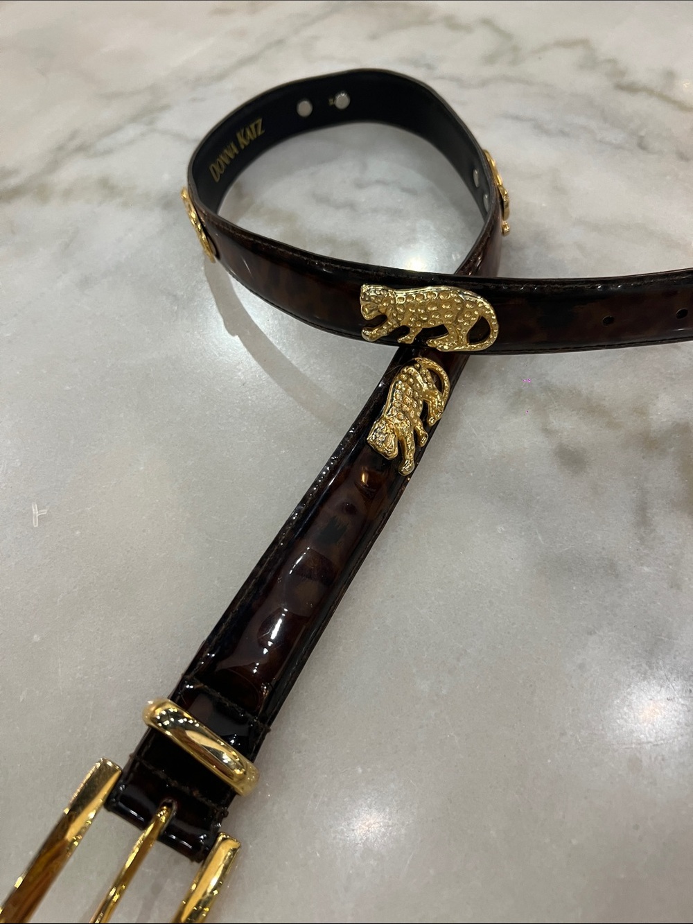 Donna Katz Dark Brown Patent Leather Belt with Gold Leopard Accents